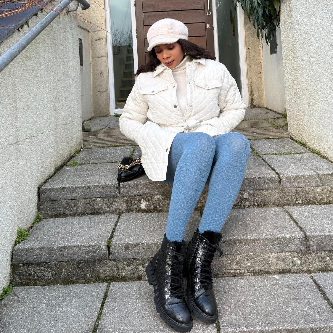 Grannies Cable Knit Wool Tights - Denim (V2) - Image 2