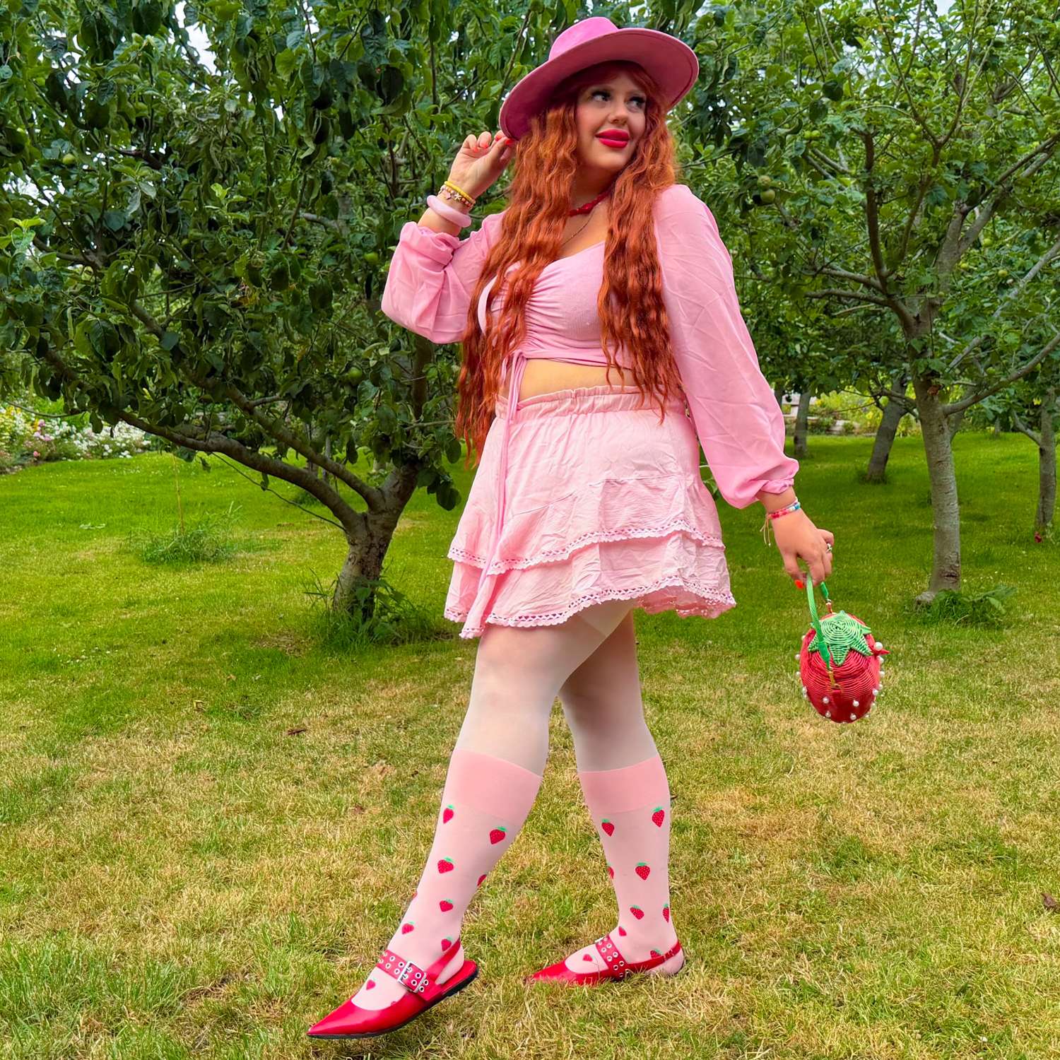 Strawberry Mock Sock Tights - Pink - Image 12