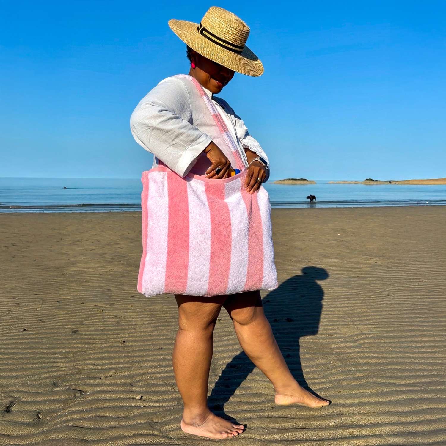 2-in-1 Beach Towel Bag - Pink and White Stripe - Image 11